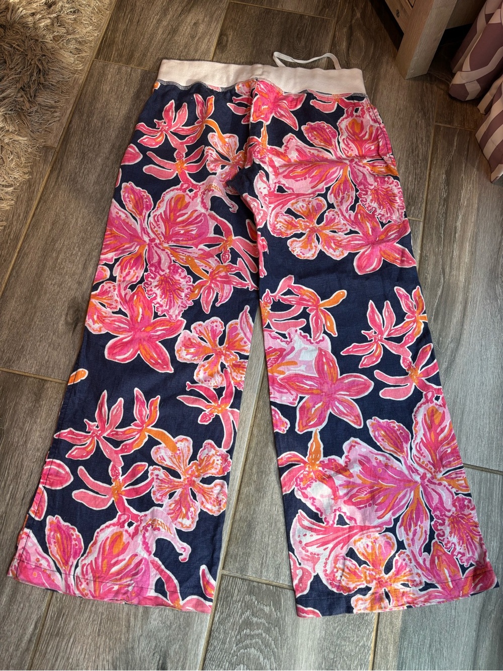 Lilly Pulitzer Women's Linen Navy Floral Wide-Leg Beach Pants - size Large - Picture 5 of 6